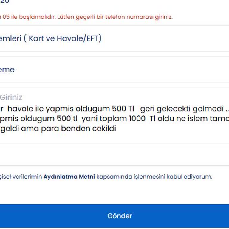 Hesap Yükleme İşlemi Parası Çekildi Ama Bakiye Gelmedi Ve Telefon Numarası Zorunluluğu Bildirilmedi