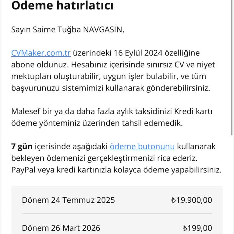 CV Maker Üyeliğimden Çıkarılan 20.000 TL Borç Hakkında Açıklama Ve İptal Talebi