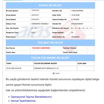 Aras Kargo Teslimat Gelmedi ve Müşteri Adreste Olmasına Rağmen Bulunamadı Düşürüldü