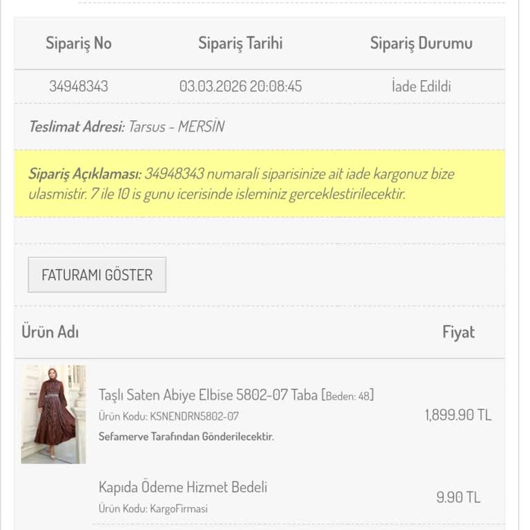 Sefamerve Sitesinde Kapıda Ödeme İadesi Yapılmıyor Ve İletişim Sağlanamıyor