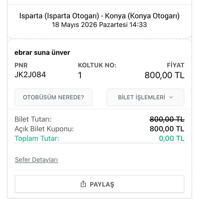 Obilet’te Yanlış Sefer Saati Nedeniyle 800 TL’lik Bilet İadesi Talebi