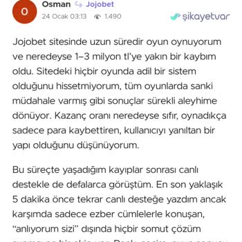 Jojobet Sitesinde Milyarlarca Liralık Kayıp Ve Türkiye’den Erişimin Kapatılmasını İstiyorum