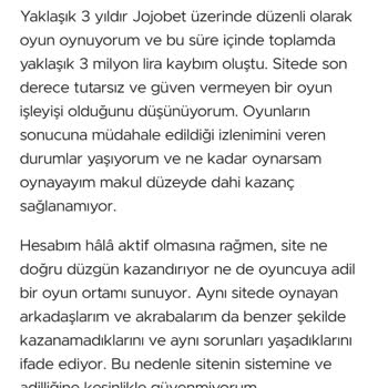 Jojobet Sitesinde Milyarlarca Liralık Kayıp Ve Türkiye’den Erişimin Kapatılmasını İstiyorum