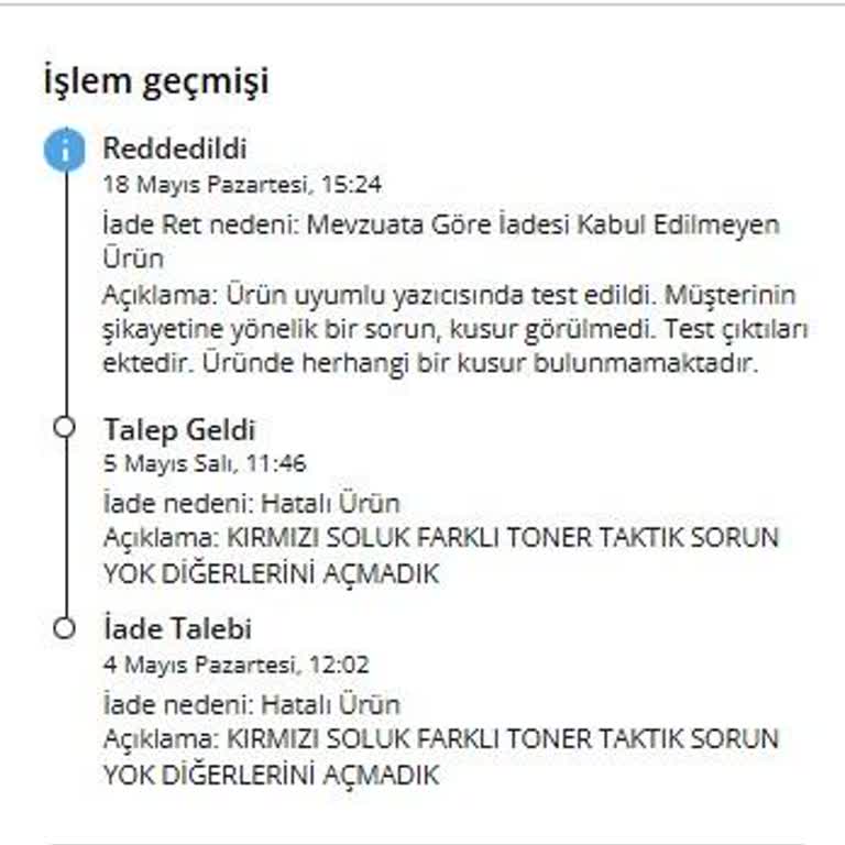 Soluk Çıktı Veren Toner Ve Reddedilen İade