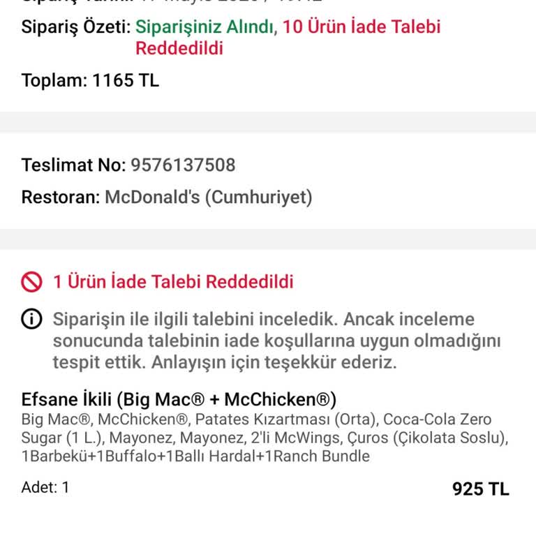Eksik McDonald’s Siparişinde İade Reddi