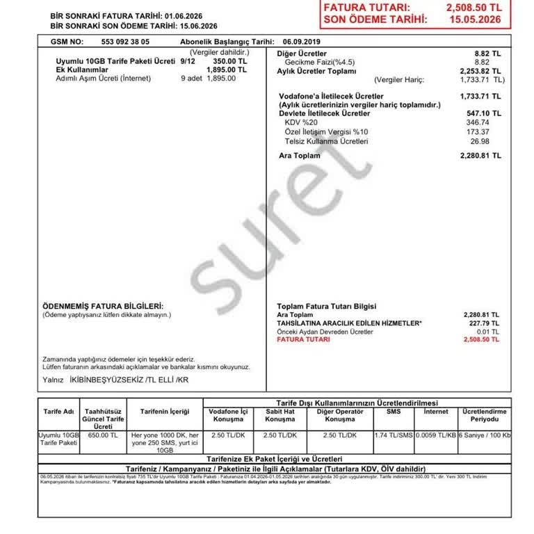 Aylık 350 TL Tarifemde 1895 TL Aşım Ücreti Görüldü Hemen Düzeltme Talebi