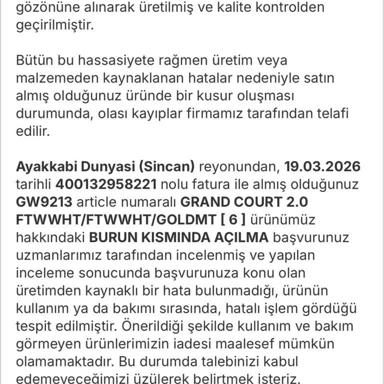 Ayakkabının 1 Ay İçinde Açılması Ve Kullanıcı Hatası Red Kararına İtiraz