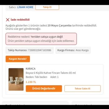 Trendyol Kusurlu Kahve Fincan Takımının İadesi Haksız Reddedildi