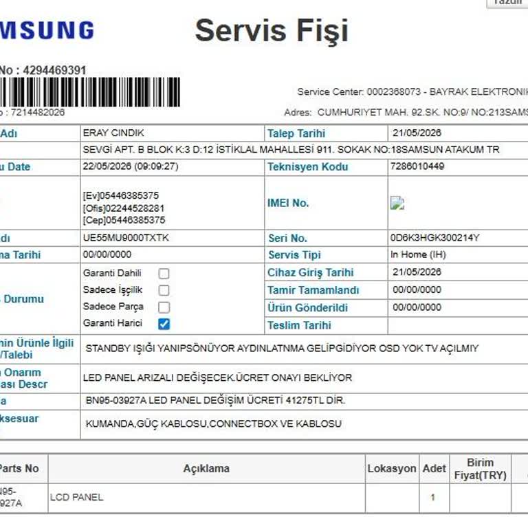 Samsung TV’de Kronik Panel Arızası Ve 41.275 TL Masrafı