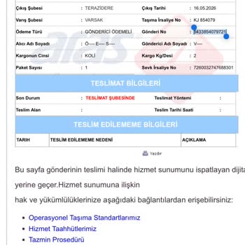 Antalya Varsak Aras Kargoda Teslim Gecikmesi Ve Müşteri Hizmetleri Yanıtsızlığı