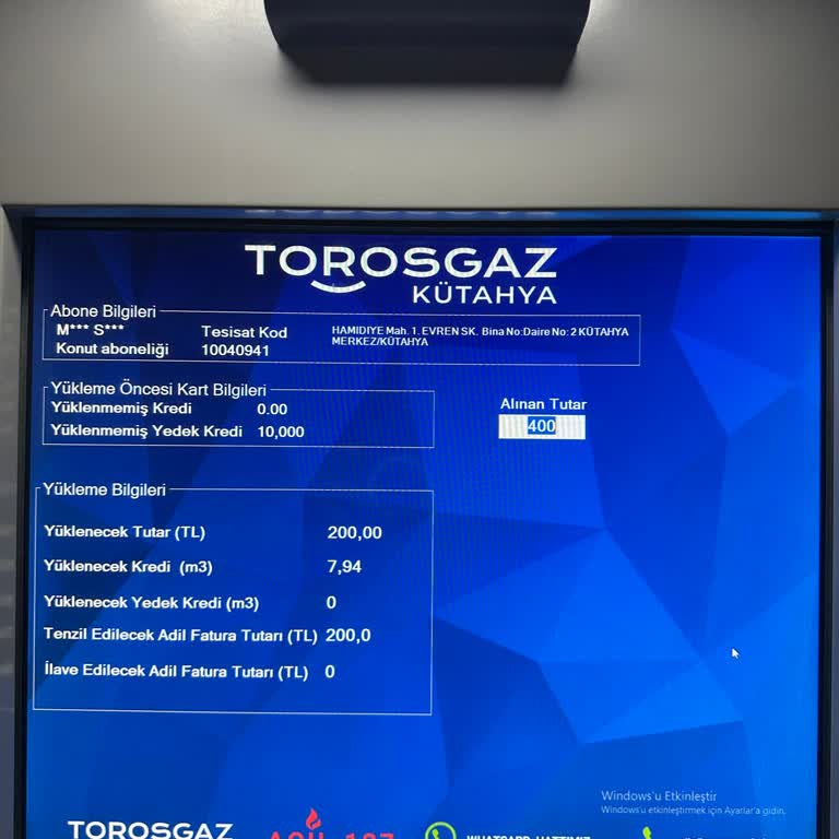Torosgaz Kütahya Kart Yükleme İşlemi 600 TL’ye Karşı 400 TL Gösteriyor