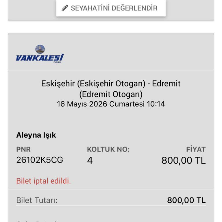 Biletten Otobüs Bileti İptalinde Eksik İade