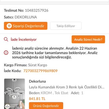 Hasarlı Ve Renk Eksik Avize, Hızlı İade Talebi