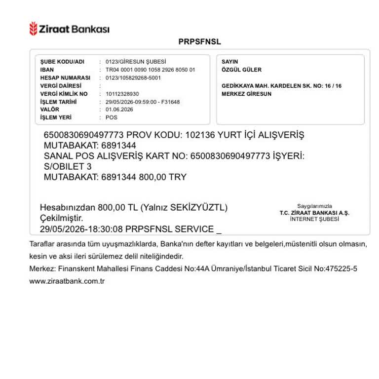Ödeme Başarısız Oldu, Bilet Oluşturulmadı Ve 800 TL Çekildi