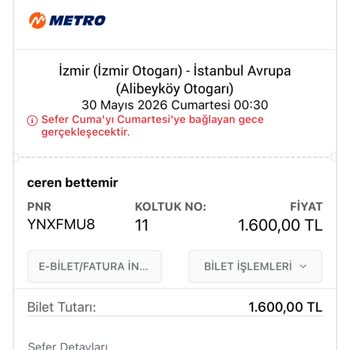 Obilet'ten Metro Turizm'e Yönlendirme Sorunu Bilet Değişikliği Hakkında Çözüm Bulunamadı