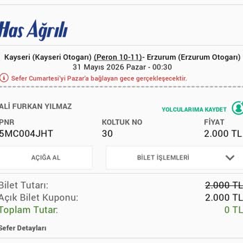 İptal Edilen Kayseri Erzurum Seferi Ve 2000 TL İadesi İçin Acil Çözüm