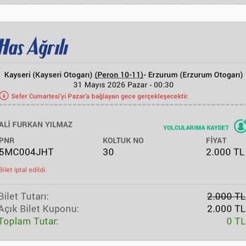 İptal Edilen Kayseri Erzurum Seferi Ve 2000 TL İadesi İçin Acil Çözüm