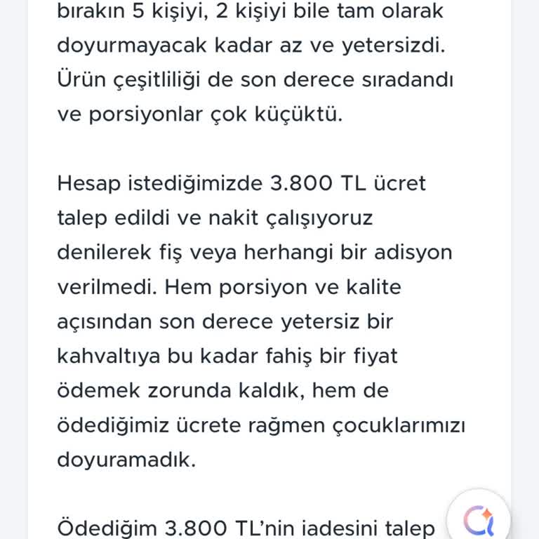 Aşırı Yüksek Fiyatlı Ve Yetersiz Kahvaltı İçin İade Talebi