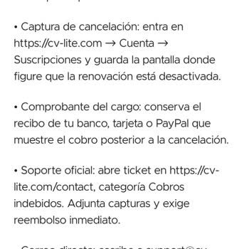 Cargo no autorizado de CV-Lite, exijo reembolso y cancelar cualquier suscripción