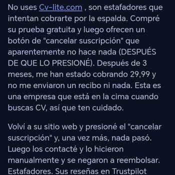 Cargo no autorizado de CV-Lite, exijo reembolso y cancelar cualquier suscripción