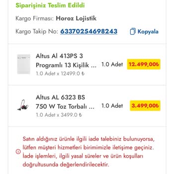 Kırık Bulaşık Makinesi İade Ücreti 12500 TL Ödenmedi
