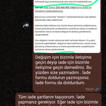 Web Sitesi İade Şartlarına Uygun Olmasına Rağmen WhatsApp İsteğiyle Reddedilen İade Talebi