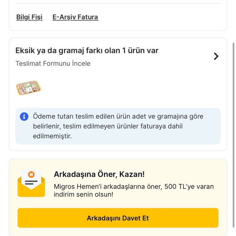 Migros Hemen'de Kokmuş Tavuk Ürünü İçin Hızlı Geri Alım Ve İade Talebi