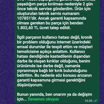 Garanti Kapsamındaki Parçanın Ücretlendirilmesine Ve Onaysız Tamire Karşı Şikayet