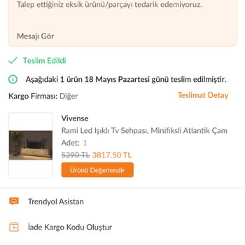Vivense Eksik Parça Ve LED Işıksız Ünite, İade Sorunu