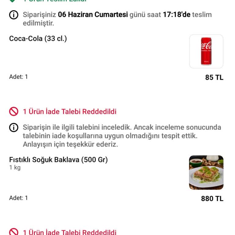 Uber Eats Yanıltıcı Gramaj Bildirimi ve Eksik Ürün Teslimi Nedeniyle İade Reddi