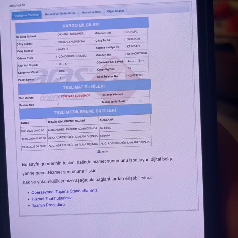 Aras Kargo’nun Yenice Mahallesine Teslamat Yapmaması