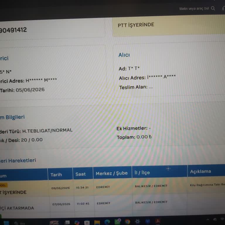 PTT Kargo “Köy Dağıtımına Tabi, Bekliyor” Şeklinde Görünmektedir