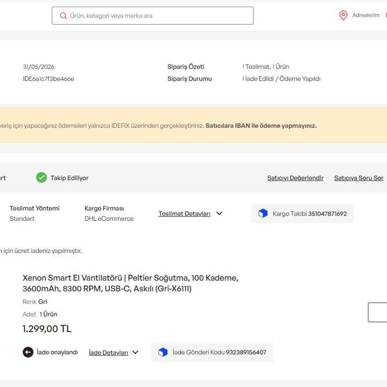 Xenon Smart Ürününde Yanlış Renk Gönderimi ve Değişim İptali