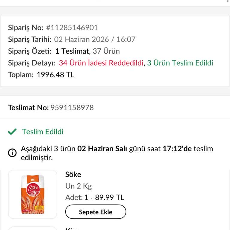 Trendyol GO'da 33 Ürün Eksik Teslim, 2012 TL İade Talebi Reddedildi