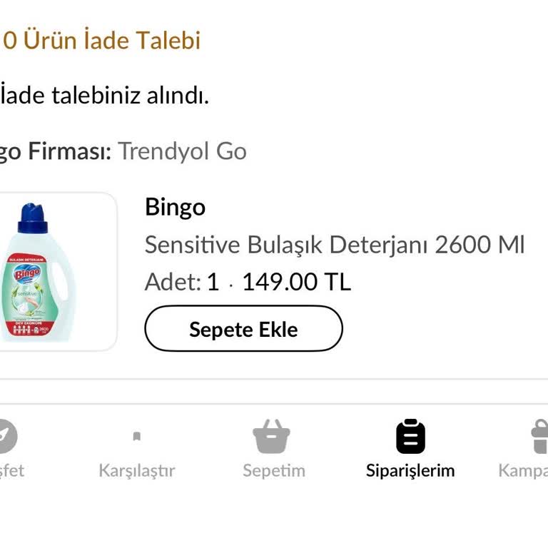 Trendyol Hızlı Market Bingo Deterjan İadesi İki Hafta Sonra Da Gelmedi