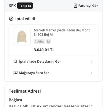 N11'den Merrell Kadın Ceket Siparişi Gerekçe Olmadan İptal Edildi Ve 2 Bin TL Mağduriyet