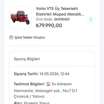 A101 Extra Üzerinden Ödenen Volta Vt5 Araç Siparişimde Kargo Başlatılmadı Ve İletişim Yok