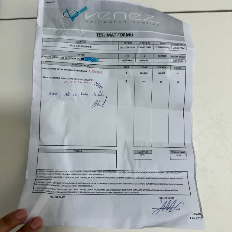 Kusurlu Masa Sandalye Takımı İçin Acil Değişim Ve Geri Dönüş Talebi
