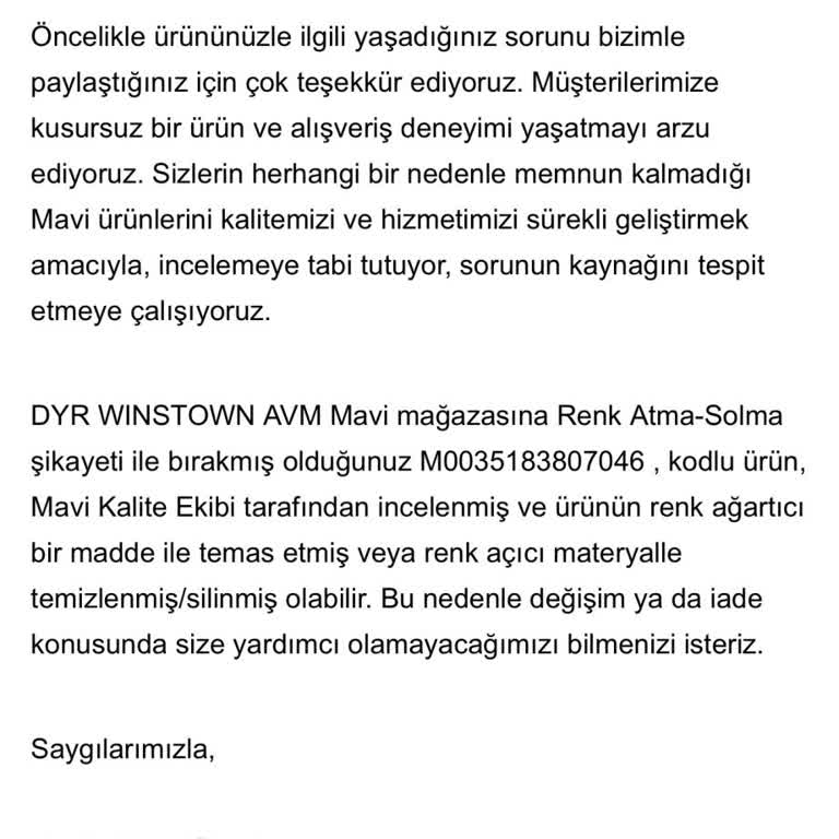 Mavi Marcus Kot Pantolonunda Renk Solması Ve İz Oluşumu, Değişim Reddi