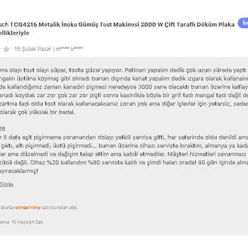 Bosch Tost Makinesinde Eşitsiz Pişirme, Yanıltıcı Watt Bilgisi Ve Servis Engeli