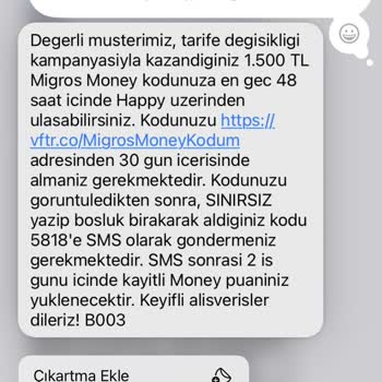 Migros 1500 TL Hediye Kodu Tanımlanmadı, Müşteri Hizmetleri Yardımcı Olmadı