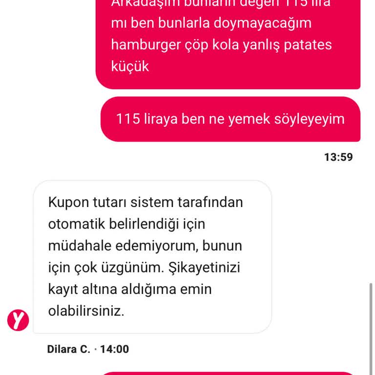 Yemeksepeti'nde Yanmış Ve Yanlış Sipariş İçin Yetersiz Kupon Ve Destek Sorunu