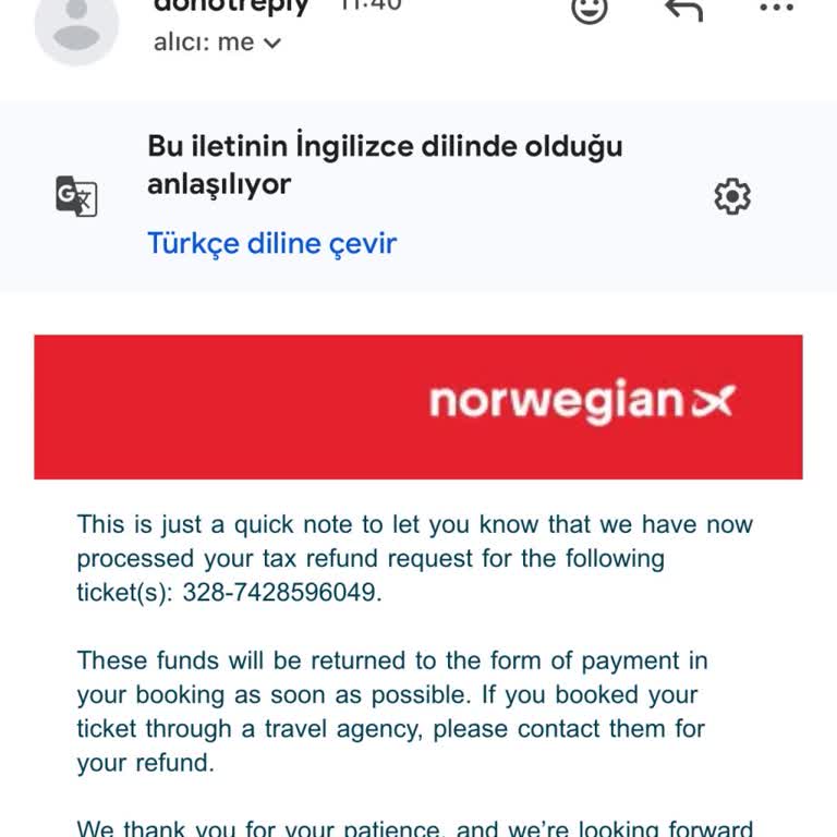 Turna Müşteri Temsilcisinin Norwegian Air'in Vergi İadesi Talimatını Göz Ardı Etmesi