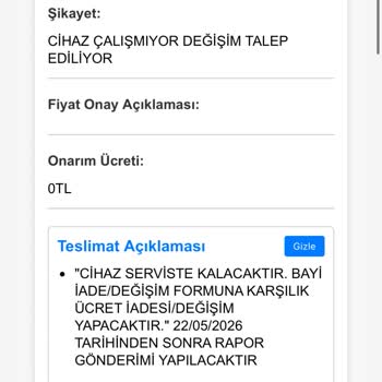 143.873 TL İade Bedelinin Gecikmesi Ve Teknik Servis Raporunun İletilmemesi