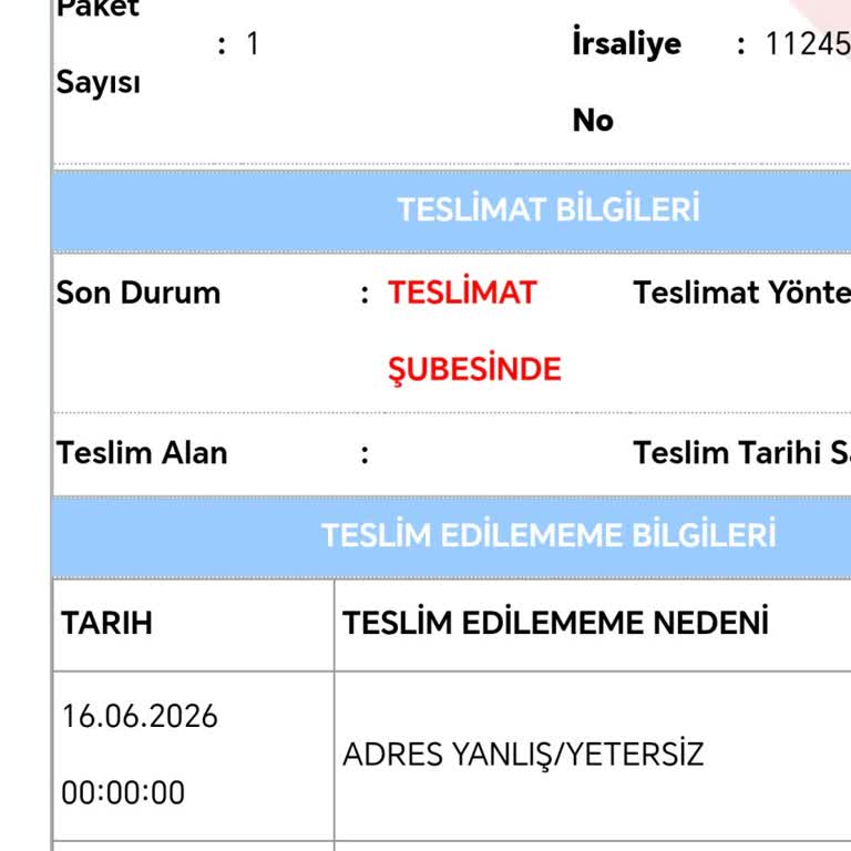 Adres Eksik Görünmesine Rağmen Kargo Teslim Edilmemiş