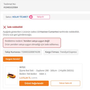 Açık Ambalajlı Şişme Bot İçin İade Talebim Haksızca Reddedildi
