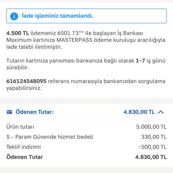 Kusurlu Ürün Nedeniyle S‑Param Güvende Hizmet Ücretinin İade Edilmemesi