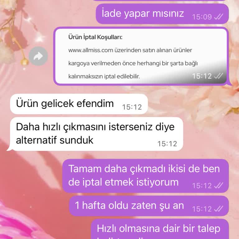 Allmiss Giyim Sipariş İptal Talebimin Reddedilmesi