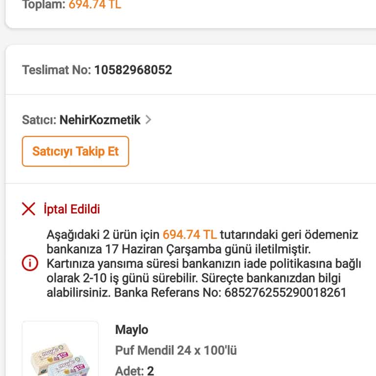 Teslim Günü Kargoya Verilmeyen Siparişin Açıklamasız İptali