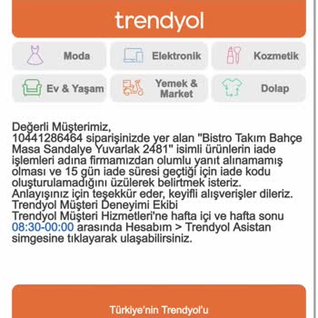 Dayanıksız Masa Takımı, Satıcı Ve Trendyol İletişim Sorunu Nedeniyle İade Talebi